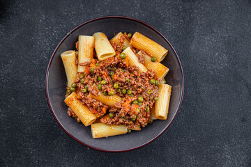 bolognese pasta vegetable sauce minced meat meal food snack on the table copy space food background rustic top view