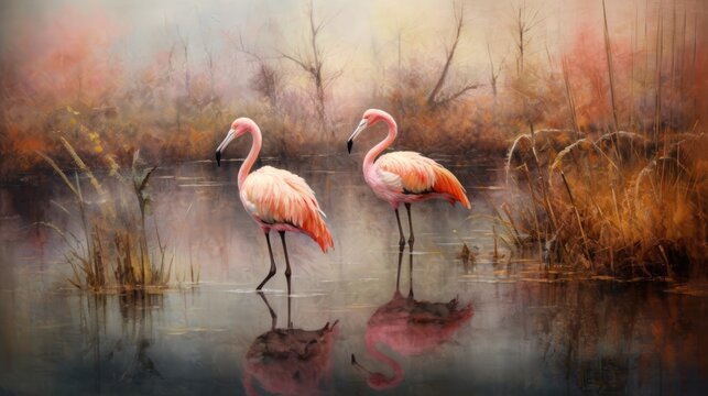 Beautiful painting of pink flamingos in a pond with water and reed Generative AI Illustration