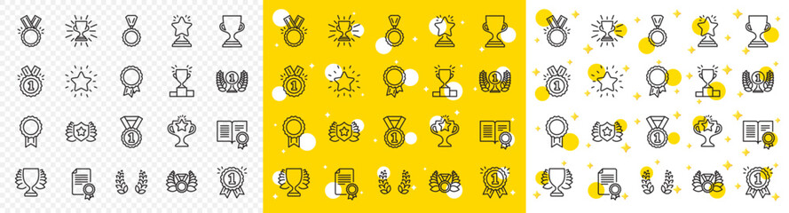 Set of Winner medal, Victory cup and Laurel wreath award icons. Award line icons. Reward, Certificate and Diploma message. Glory shield, Prize winner, rank star, diploma certificate. Vector - obrazy, fototapety, plakaty