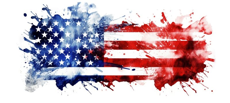 USA america holiday celebration symbol illustration - Watercolor splash painting of the american flag, isolated on white background (Generative Ai)