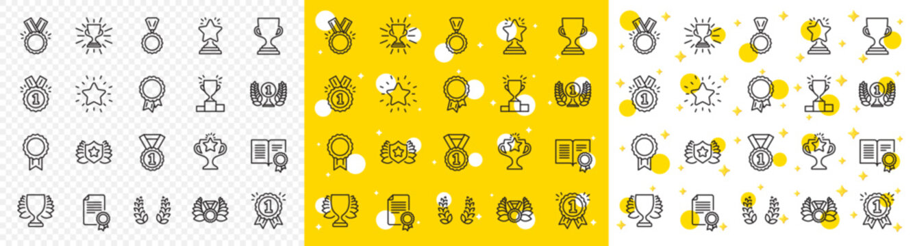Set of Winner medal, Victory cup and Laurel wreath award icons. Award line icons. Reward, Certificate and Diploma message. Glory shield, Prize winner, rank star, diploma certificate. Vector