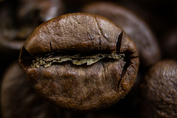 Coffee bean close-up with low depth of field. Roasted coffee beans