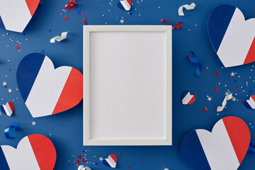 Celebration concept for France's Bastille Day holiday. Top view of hearts featuring flag design,...