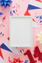 Obraz premium Bastille Day observance concept. Top view vertical arrangement of french flag garlands, red number 14 candle, hearts, stars, bows, confetti on pastel pink background with frame for ads or text