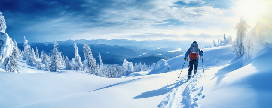 Mountaineer backcountry ski walking ski alpinist in the mountains. Ski touring in alpine landscape . generative ai