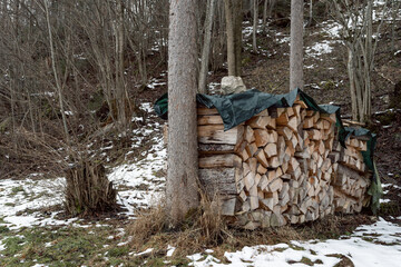 A supply of tree trunks have been stacked and is located on the side of the path and is with a tarpaulin