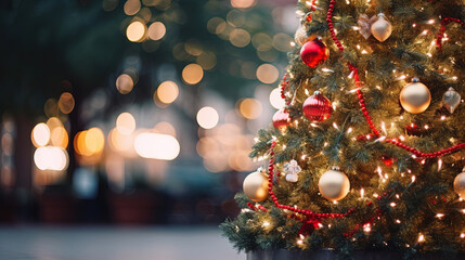 Fototapeta na wymiar City street outdoor decorated Christmas tree close up