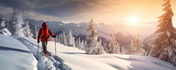 Mountaineer backcountry ski walking ski alpinist in the mountains. Ski touring in alpine landscape . generative ai