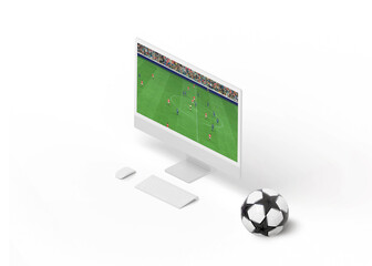 Football match on the display. The concept of online streaming of sports events. Isometric view....