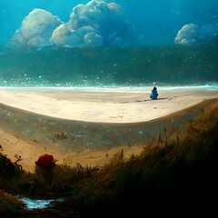 papa smurf ocean on the right and sandy beach on the left  - obrazy, fototapety, plakaty