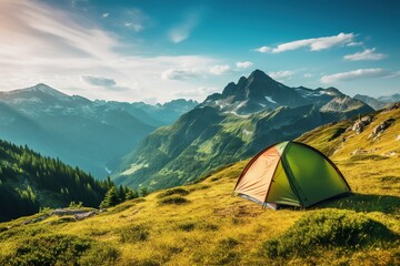 Photo of a camping tent on epic mountains landscape in summerGenerative AI