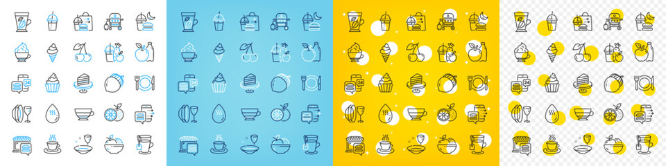 Vector icons set of Tea cup, Orange and Hot water line icons pack for web with Juice, Food delivery, Cake outline icon. Mint leaves, Acorn, Cupcake pictogram. Ice cream, Dish plate. Vector