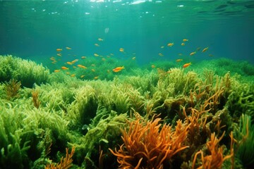 Naklejka na ściany i meble Underwater scenery with small fish and filled with green algae
