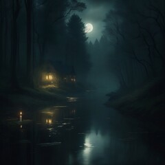 Ineffable Tonalism a river running through a forest under a full moon horror artwork