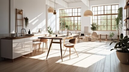 Fototapeta na wymiar Minimalist interior with wooden furniture and modern look