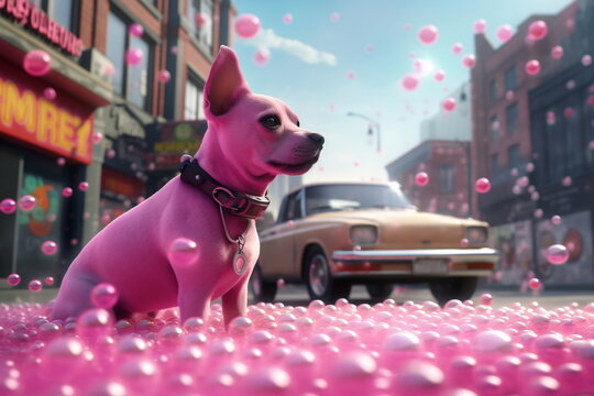 Cute dog in a pink balls