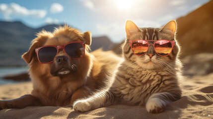 Dog and cat in sunglasses laying on the beach on summer vacation, generative ai