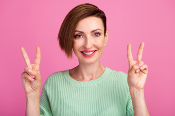 Photo of pretty cheerful lady arm direct empty space beauty procedure isolated on background