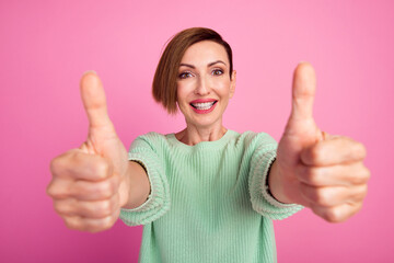 Photo of pretty cheerful lady arm direct empty space beauty procedure isolated on pink background