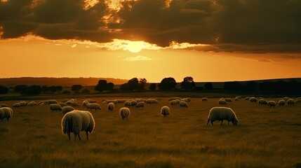 Fototapeta na wymiar Sheep eating and walking on dike in sunset
