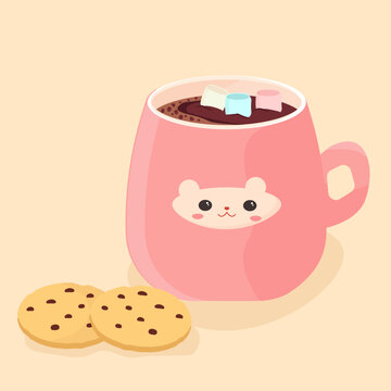 Pink mug with coffee and marshmallows