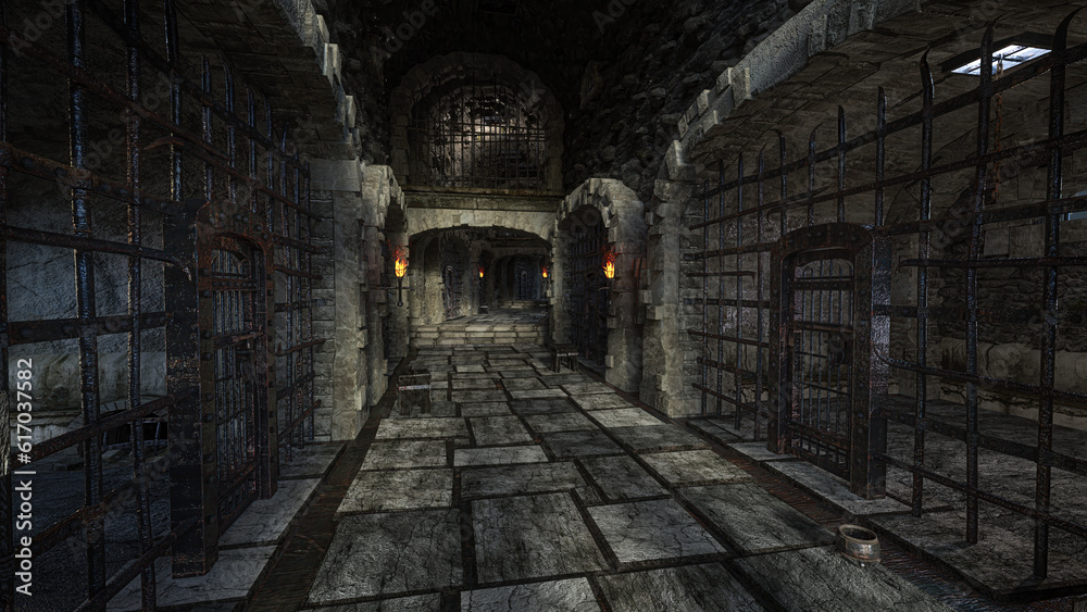 Poster Medieval castle tunnel with dungeon cells lit by torch flame. 3D rendering.