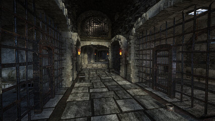Medieval castle tunnel with dungeon cells lit by torch flame. 3D rendering.