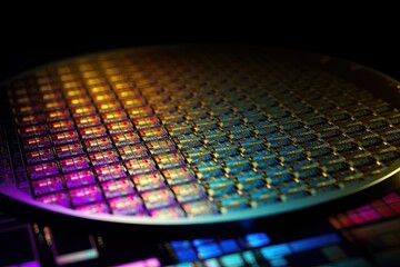 Closeup shot of silicon microchip wafers, US CHINA microchip semiconductor war, Generative AI	
