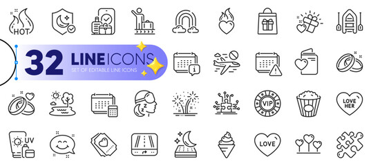 Outline set of Luggage belt, Gps and Mattress line icons for web with Insomnia, Love heart, Popcorn thin icon. Calendar, Smile chat, Wedding rings pictogram icon. Sunscreen, Guard. Vector