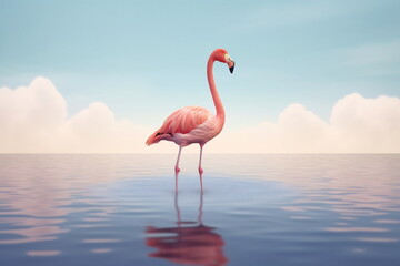 Naklejka na ściany i meble One flamingo standing peacefully alone in the water by cloudy sunset