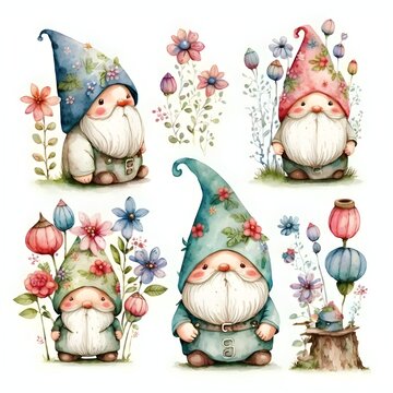 a cute garden gnome collection on white background with margins watercolor soft boho colors 