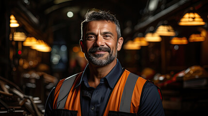 Fototapeta premium Construction site manager standing with folded arms wearing safety vest and helmet