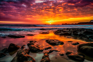 Fototapeta na wymiar Colorful sunset over the sea. Beautiful seascape. Dramatic sky.. Generative AI