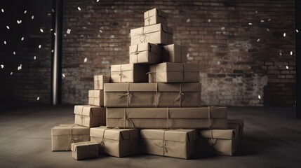 Stacked boxes of shipping parcel gift boxes in a room