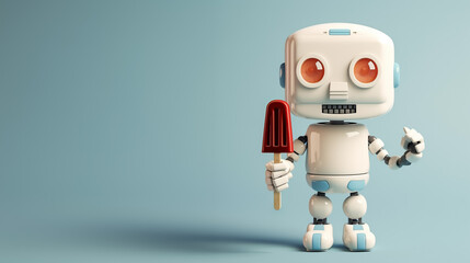 Robot eating ice cream on solid blue background, generative AI