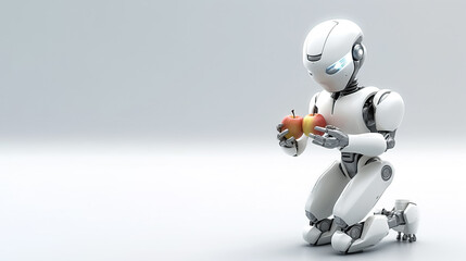 Fototapeta premium Robot eating apples o nsolid white background, generative AI