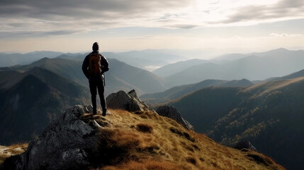 Obraz premium hiker at the summit of a mountain overlooking stunning scenery