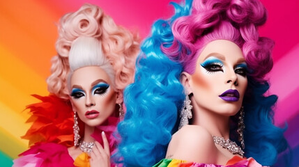 Fototapeta premium beautiful drag queens on colorful rainbow background