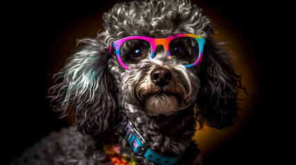 poodle with funky glasses on colorful background - obrazy, fototapety, plakaty