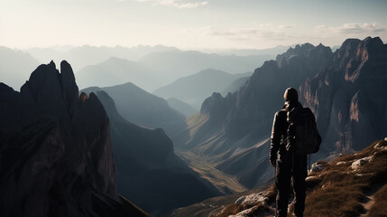 Fototapeta premium hiker at the summit of a mountain overlooking stunning scenery