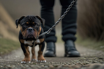 a small dog on a chain at the owner. generated by AI.