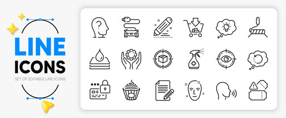 Paint roller, Waterproof and Brand contract line icons set for app include Recovery data, Health skin, Human sing outline thin icon. Eye target, Medical cleaning, Car charge pictogram icon. Vector