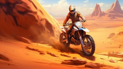 Fototapeta na wymiar Illustration of dynamic extreme motocross on sand dunes. Generative Ai