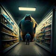 scary huge monster coming towards small town pov from grocery store  - obrazy, fototapety, plakaty