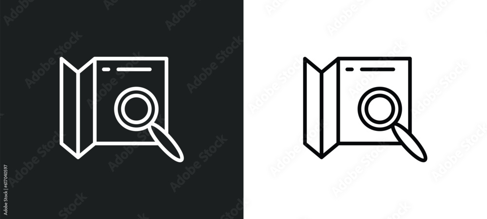 Poster map search line icon in white and black colors. map search flat vector icon from map search collecti