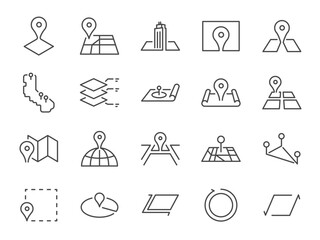 Area icon set. It included a map, zone, space, location, and more icons. Editable Vector Stroke.
