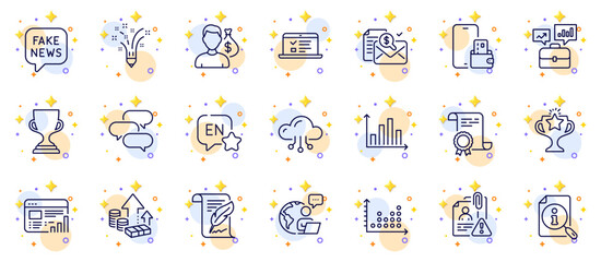 Outline set of Accounting report, Outsource work and Business portfolio line icons for web app. Include Dot plot, Search, Fake news pictogram icons. Diagram graph, Victory, Web lectures signs. Vector