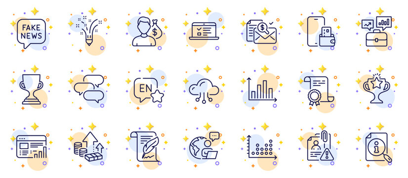 Outline set of Accounting report, Outsource work and Business portfolio line icons for web app. Include Dot plot, Search, Fake news pictogram icons. Diagram graph, Victory, Web lectures signs. Vector