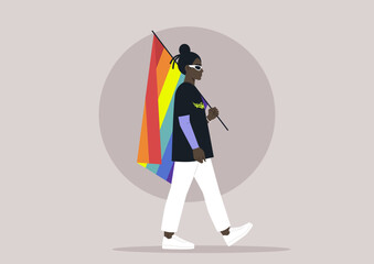 Pride month, rainbow flag carried by a young stylish character wearing fancy retro futuristic eye shades and a t-shirt with death metal logo
