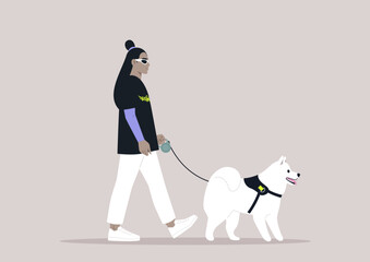 A young stylish character walking with their cute samoyed dog